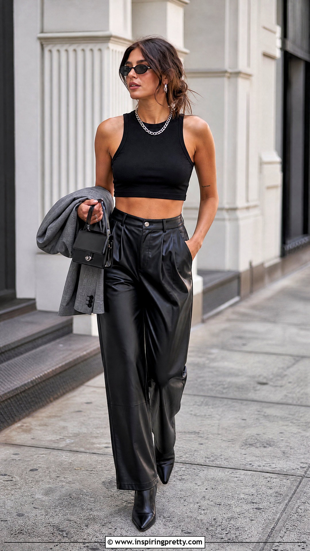 Black Crop Top With Faux Leather Pants - 50 aesthetic crop top outfit ideas