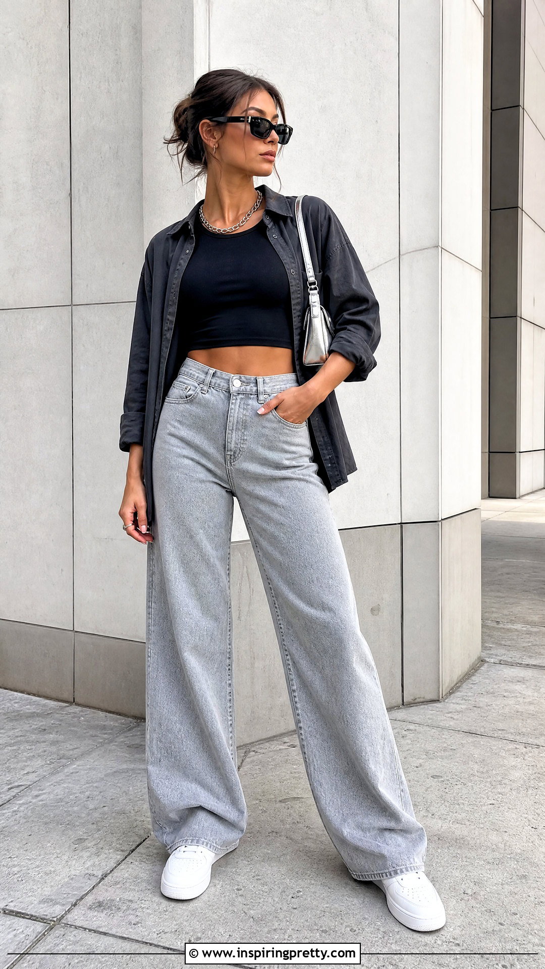 Black Crop Top With Gray Jeans And White Sneakers - 20 black crop top with jeans and sneakers