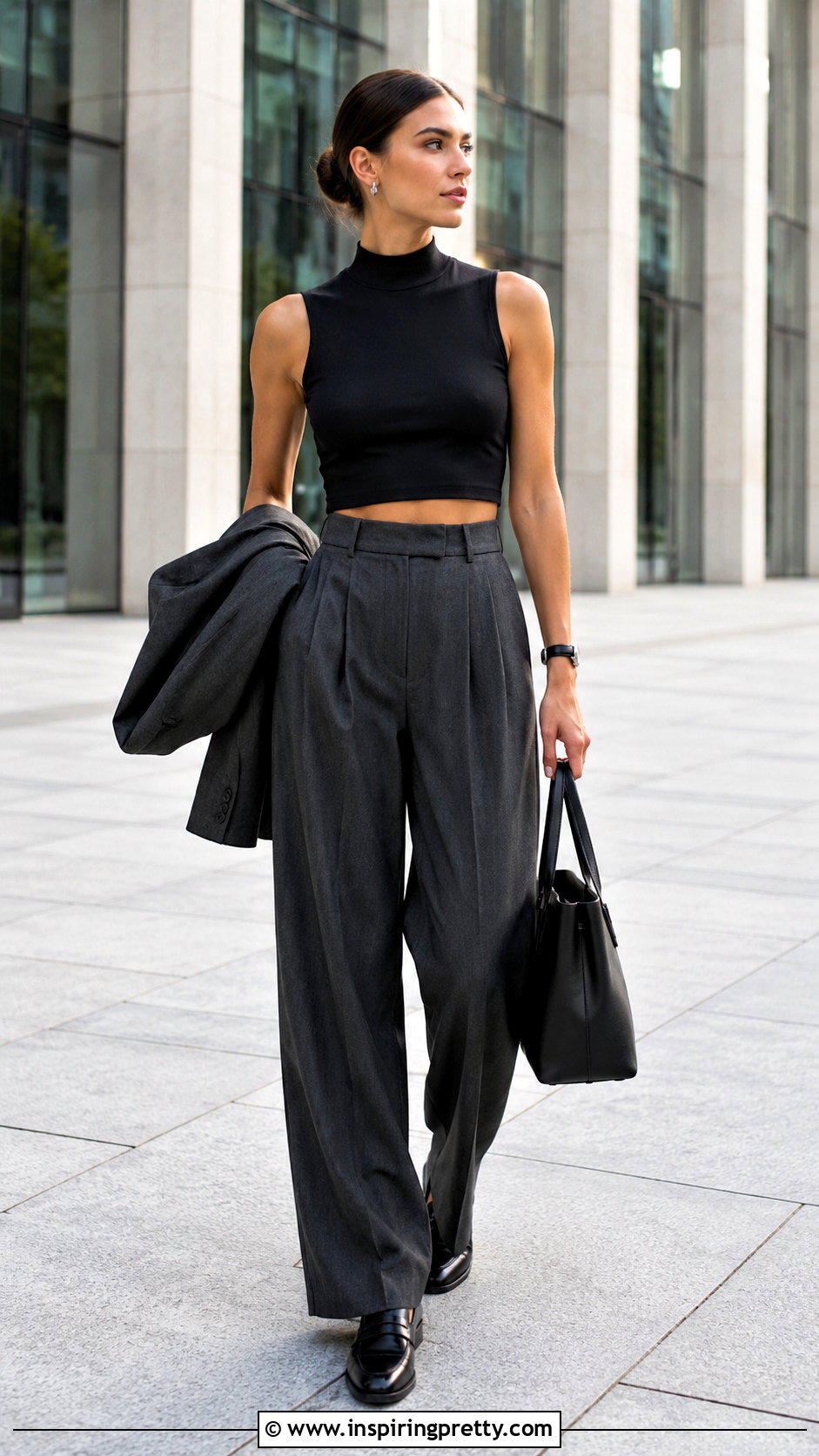Black Crop Top With Gray Pleated Trousers - 20 Minimalist Black Crop Top outfit ideas