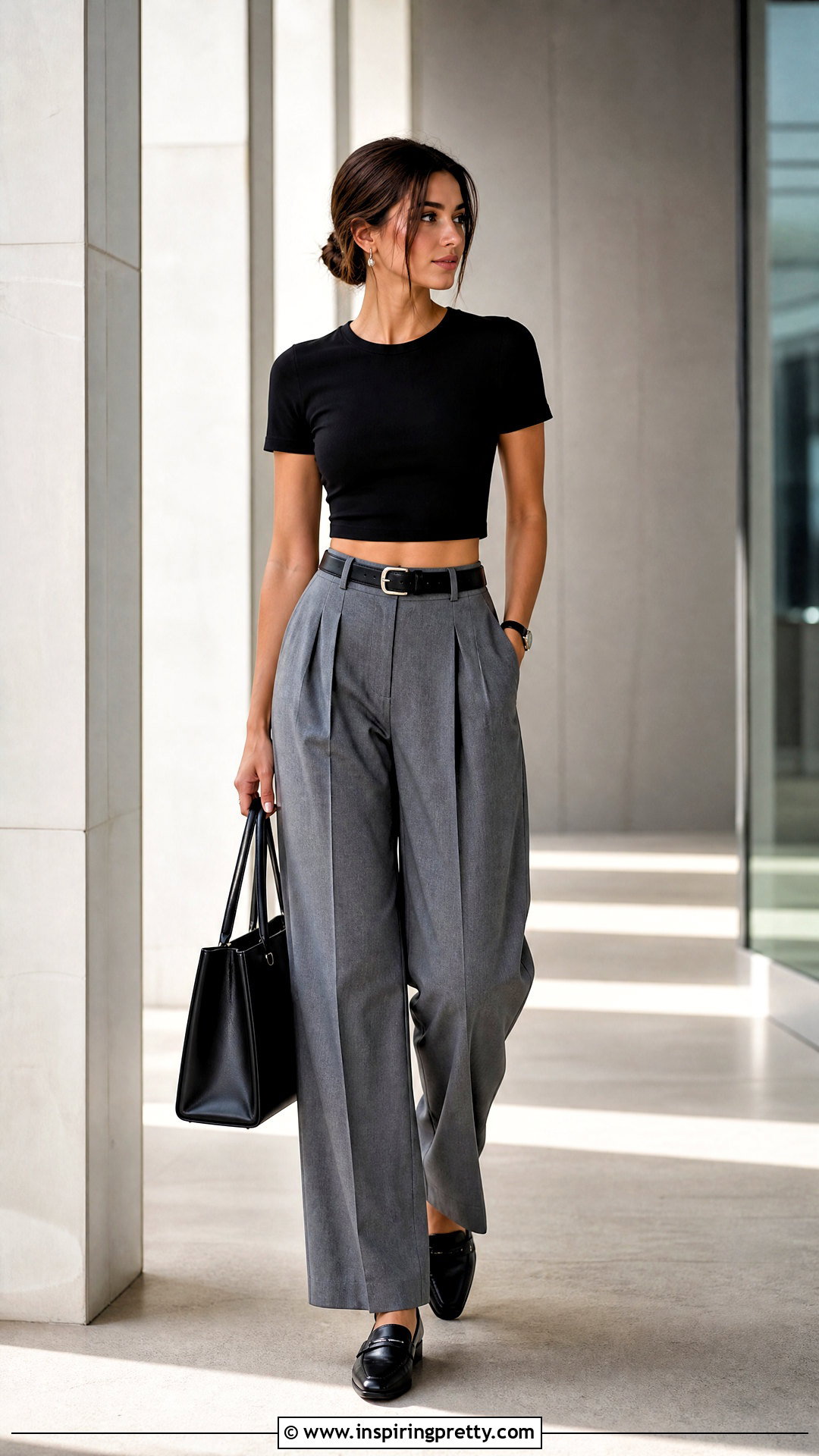 Black Crop Top With Gray Wide Leg Trousers - 50 small top big pants outfit ideas