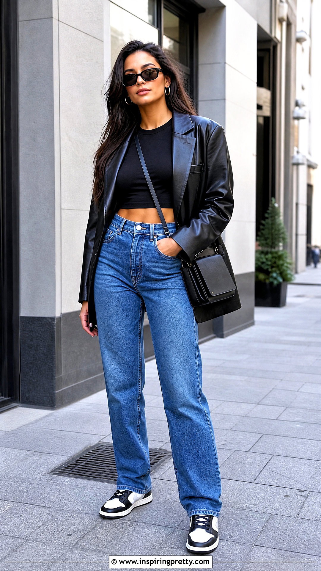 Black Crop Top With Jeans Sneakers And Leather Jacket - 20 black crop top with jeans and sneakers