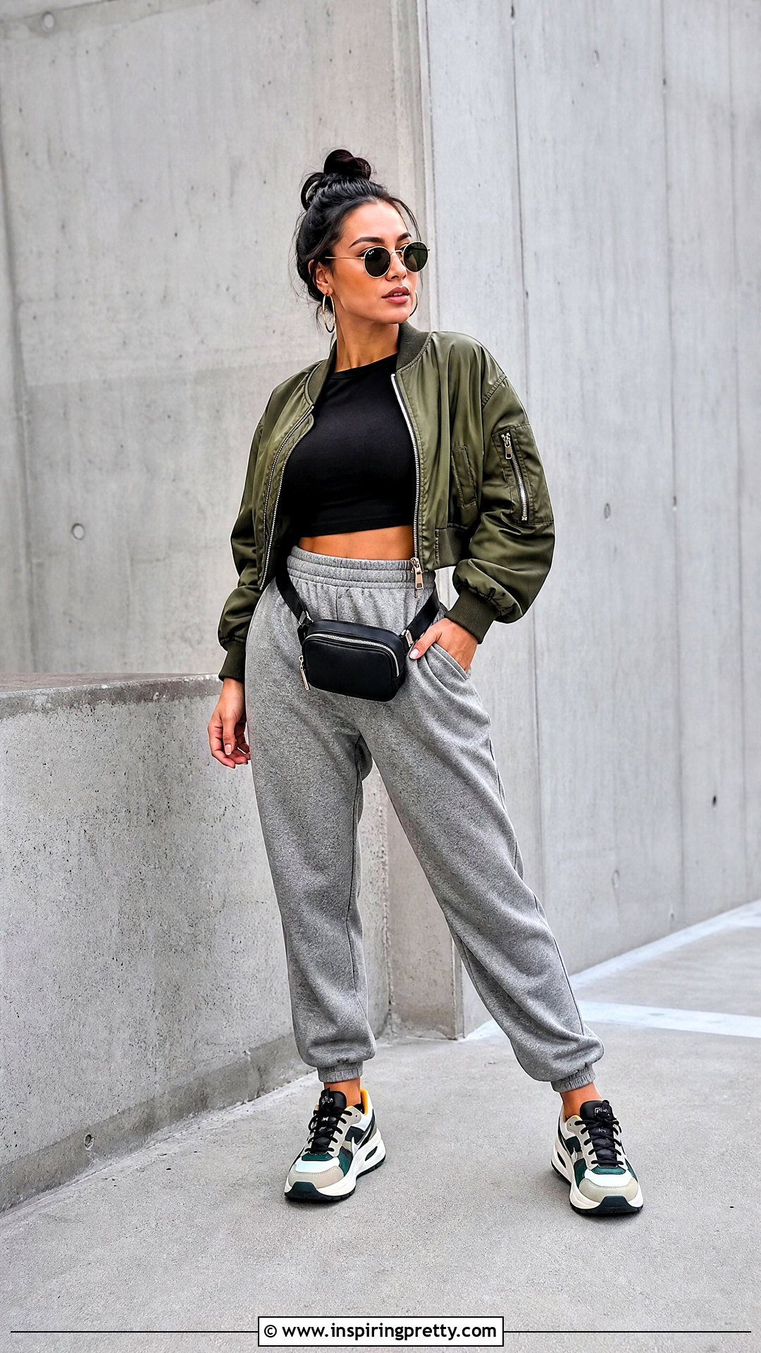 Black Crop Top With Joggers And Bomber Jacket - 50 black crop top outfit ideas