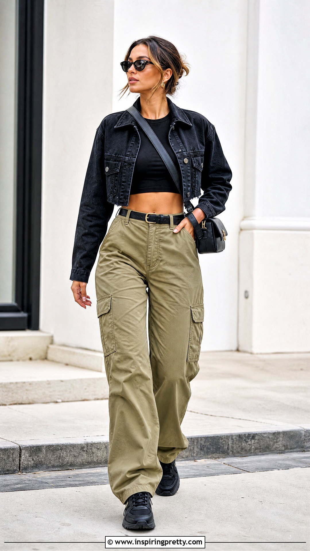 Black Crop Top With Khaki Cargo Pants - 50 baggy pants crop top outfit ideas