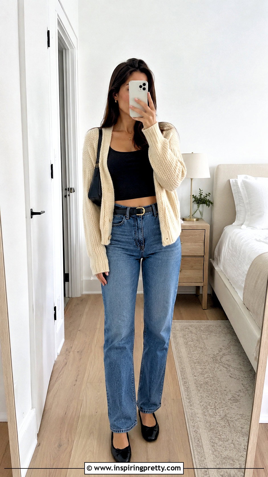 Black Crop Top With Knit Cardigan And Jeans - 20 Minimalist Black Crop Top outfit ideas