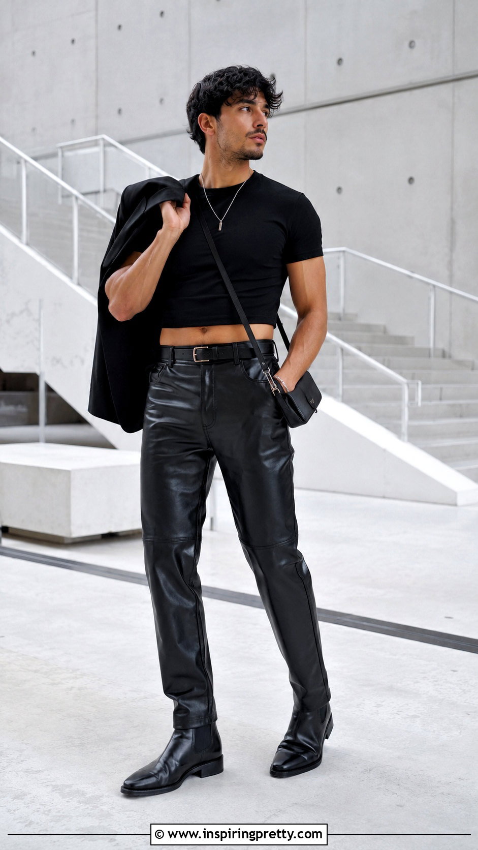 Black Crop Top With Leather Pants And Chelsea Boots - 20 men’s crop tops outfit ideas
