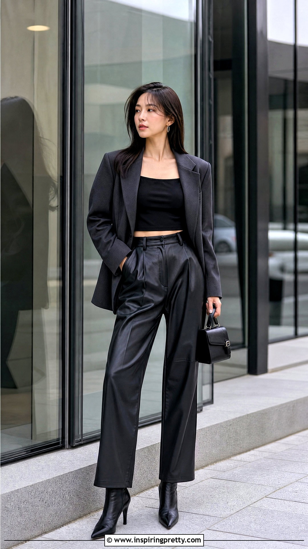 Black Crop Top With Leather Pants Outfit - 50 crop top outfits korean styles
