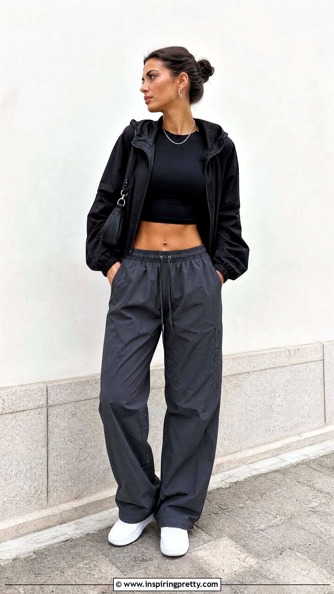 Black Crop Top With Parachute Pants - 50 black crop top outfit ideas