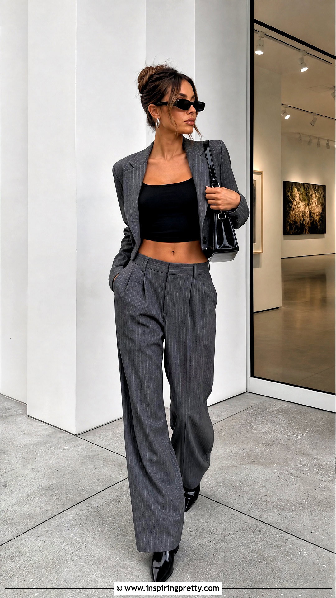 Black Crop Top With Pinstripe Trousers - 20 crop top y2k outfits