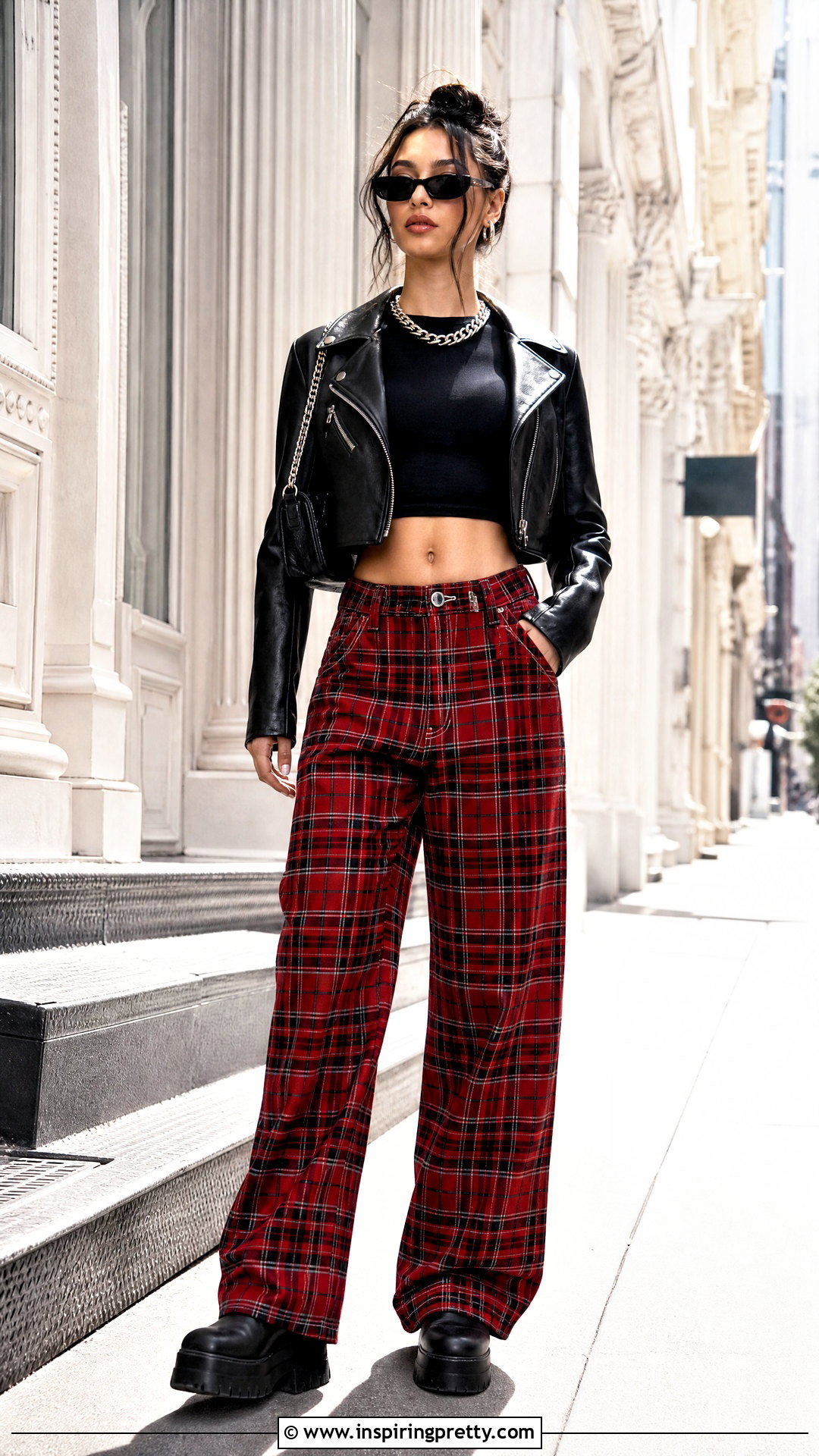 Black Crop Top With Plaid Pants - 50 black crop top outfit baddie ideas