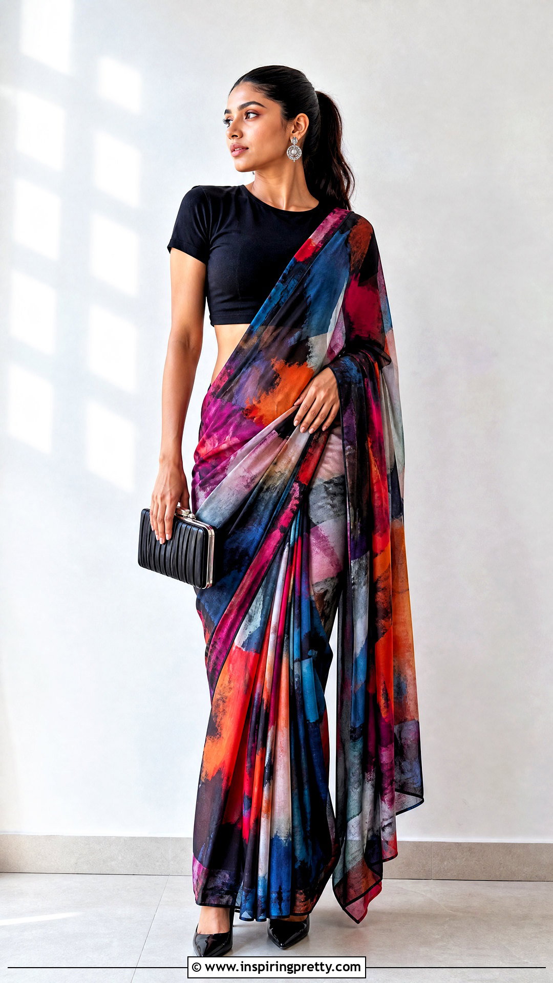 Black Crop Top With Printed Saree - 50 saree with crop top outfit ideas