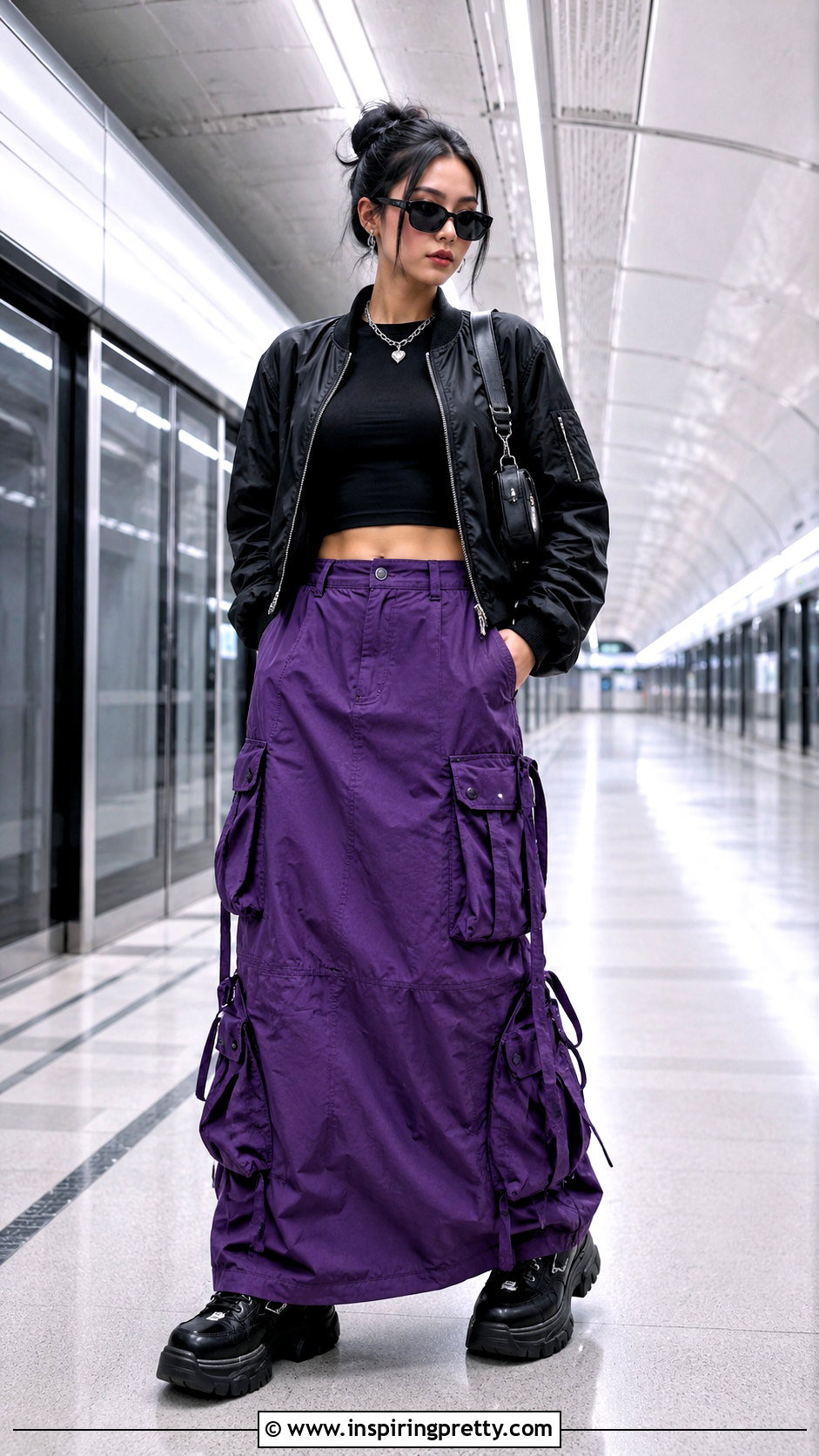 Black Crop Top With Purple Cargo Maxi Skirt - 25 Black And Purple Crop Top outfit ideas