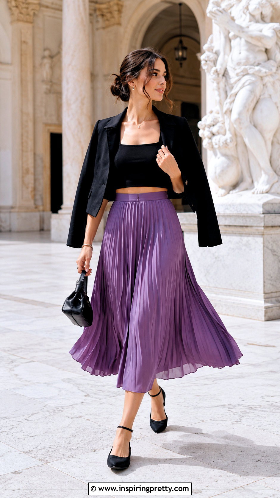 Black Crop Top With Purple Pleated Midi Skirt - 25 Black And Purple Crop Top outfit ideas