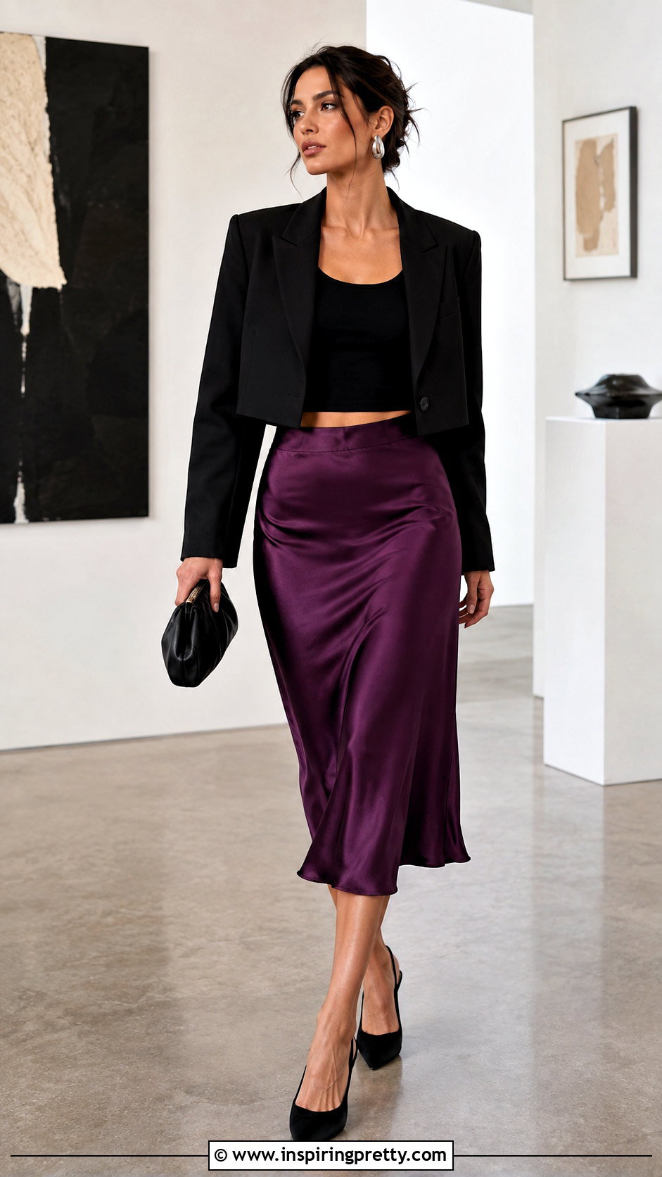 Black Crop Top With Purple Satin Midi Skirt - 25 Black And Purple Crop Top outfit ideas