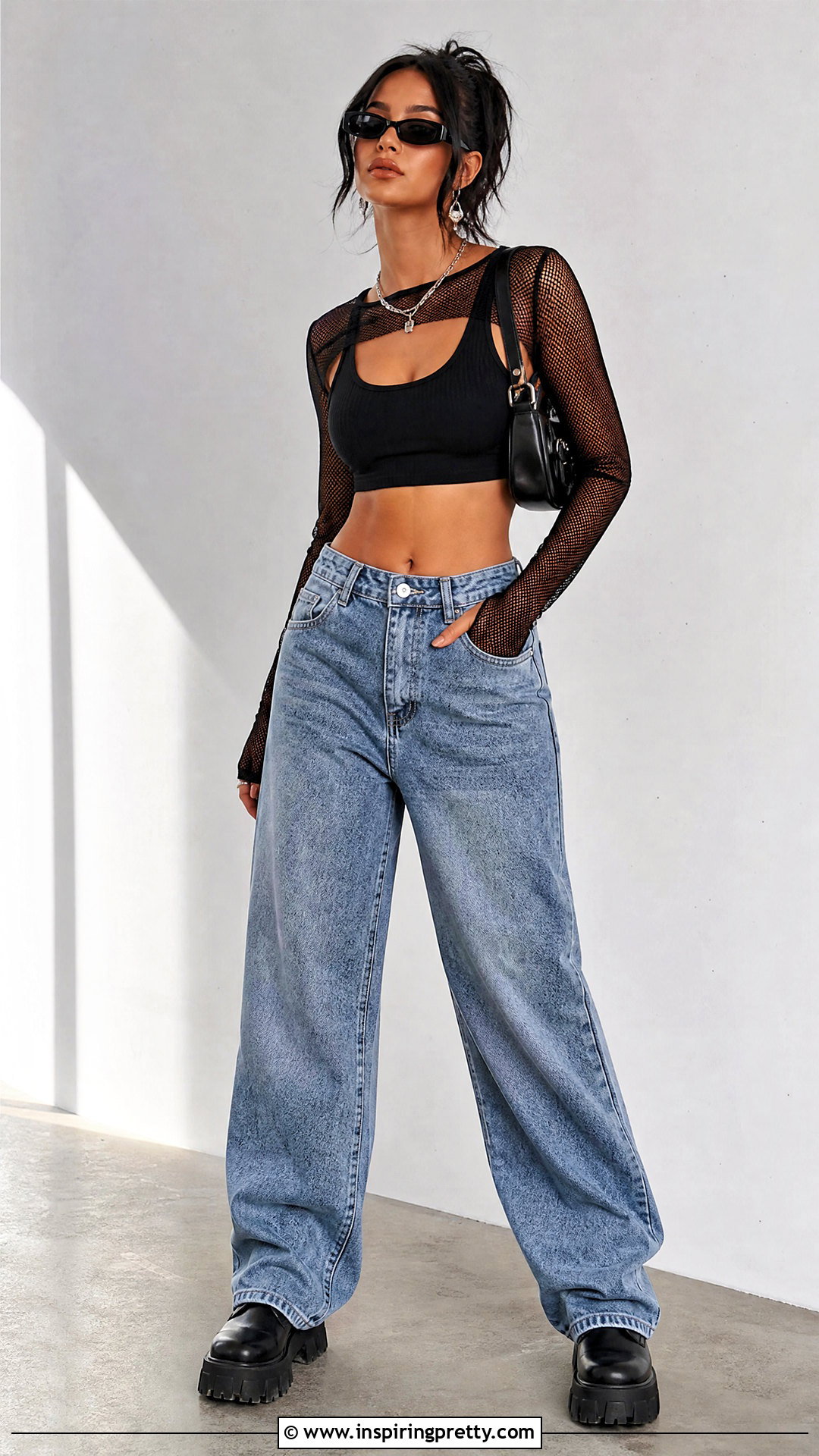 Black Crop Top With Sheer Layer And Jeans - 50 black crop top outfit baddie ideas