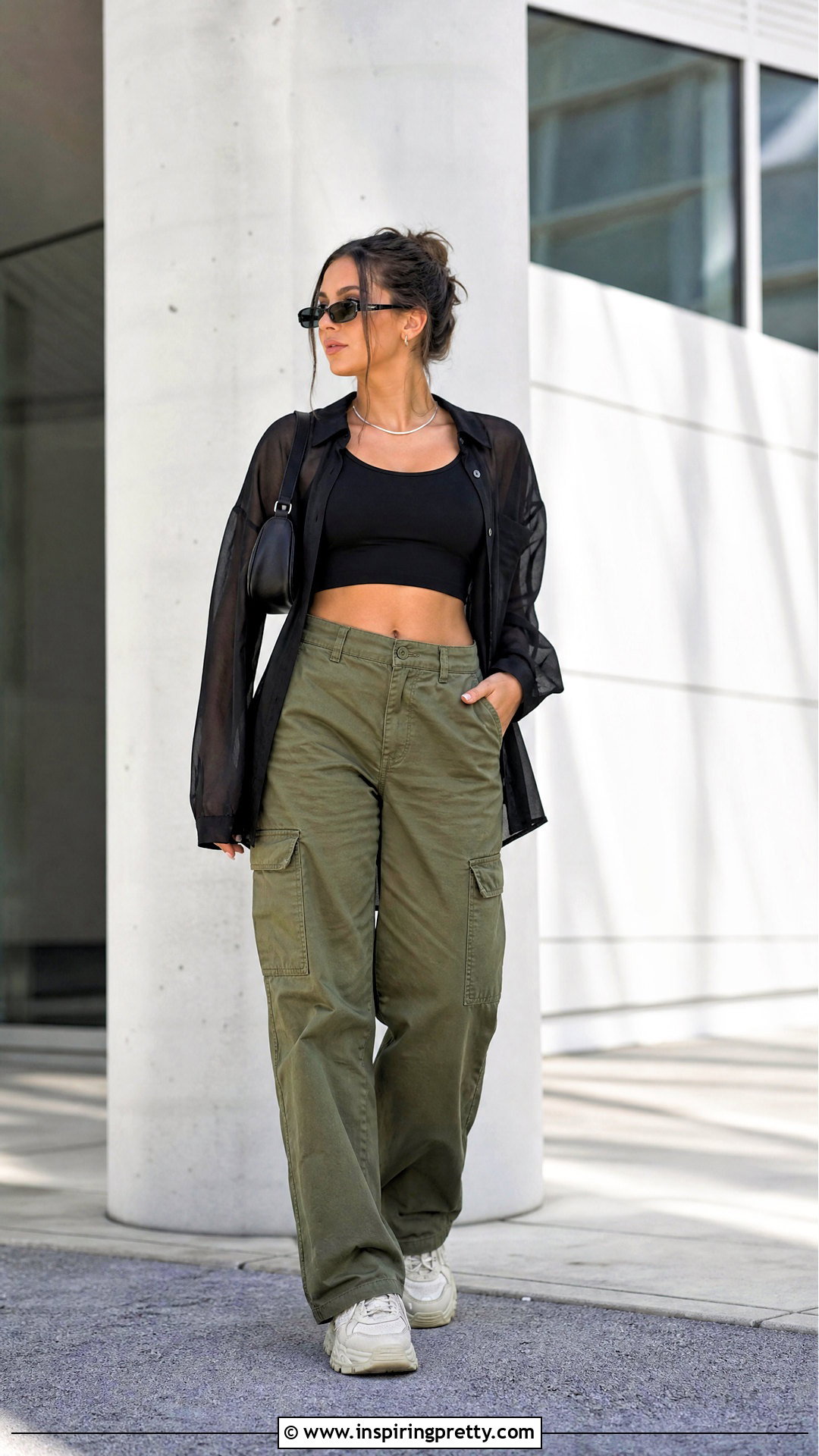 Black Crop Top With Sheer Shirt And Cargo Pants - 50 black crop top outfit ideas