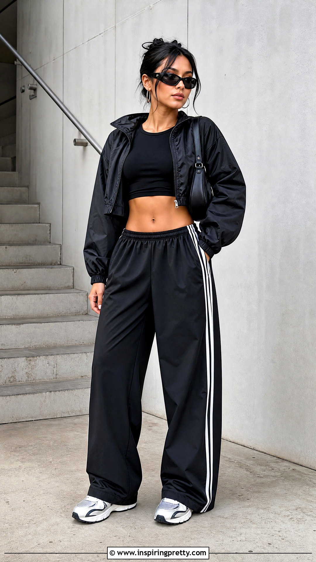 Black Crop Top With Track Pants - 50 black crop top outfit baddie ideas