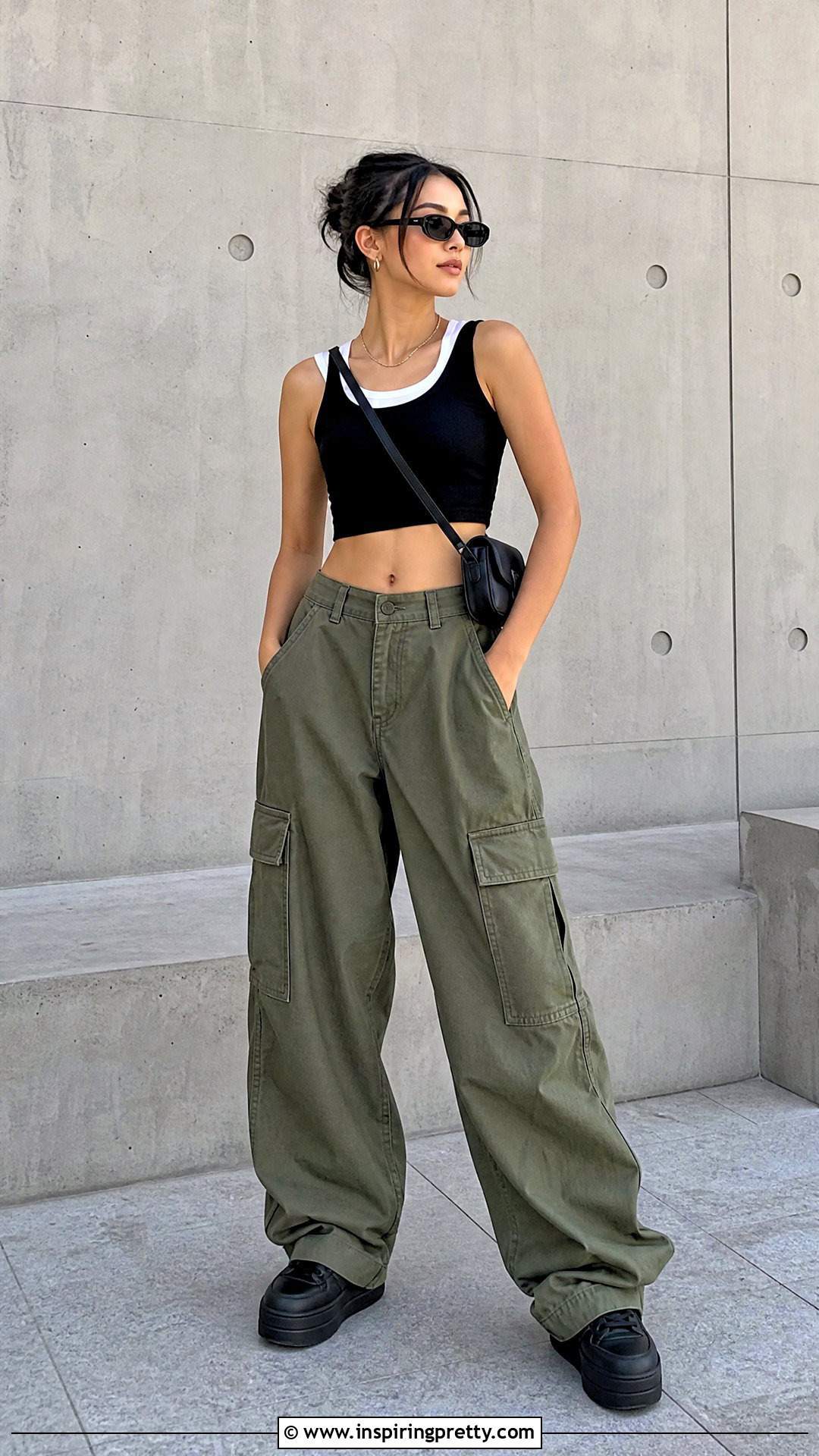 Black Crop Top With White Cami And Cargo Pants - 25 crop top with cami underneath outfit ideas