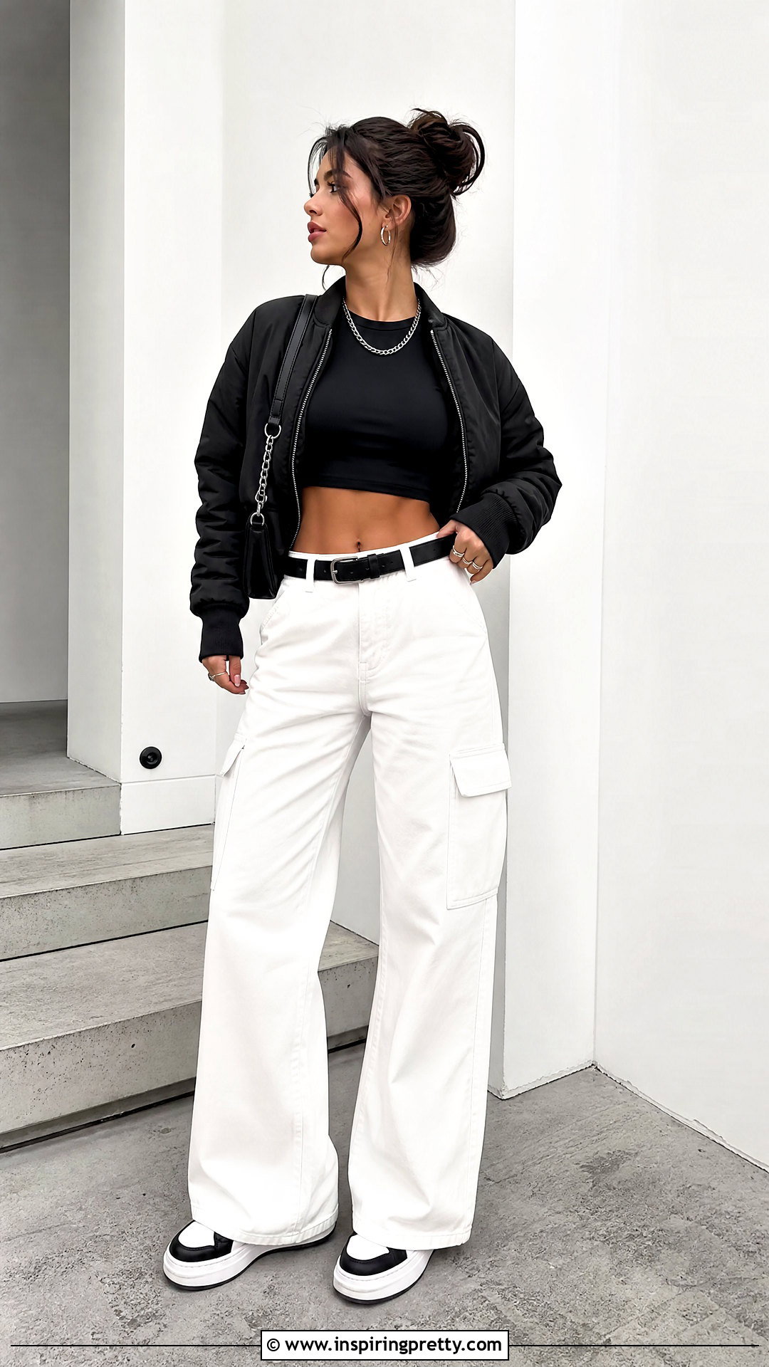 Black Crop Top With White Cargo Pants - 50 black crop top outfit baddie ideas