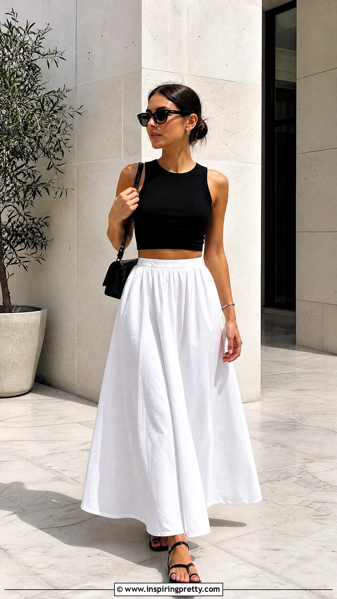 Black Crop Top With White Maxi Skirt - 20 Minimalist Black Crop Top outfit ideas