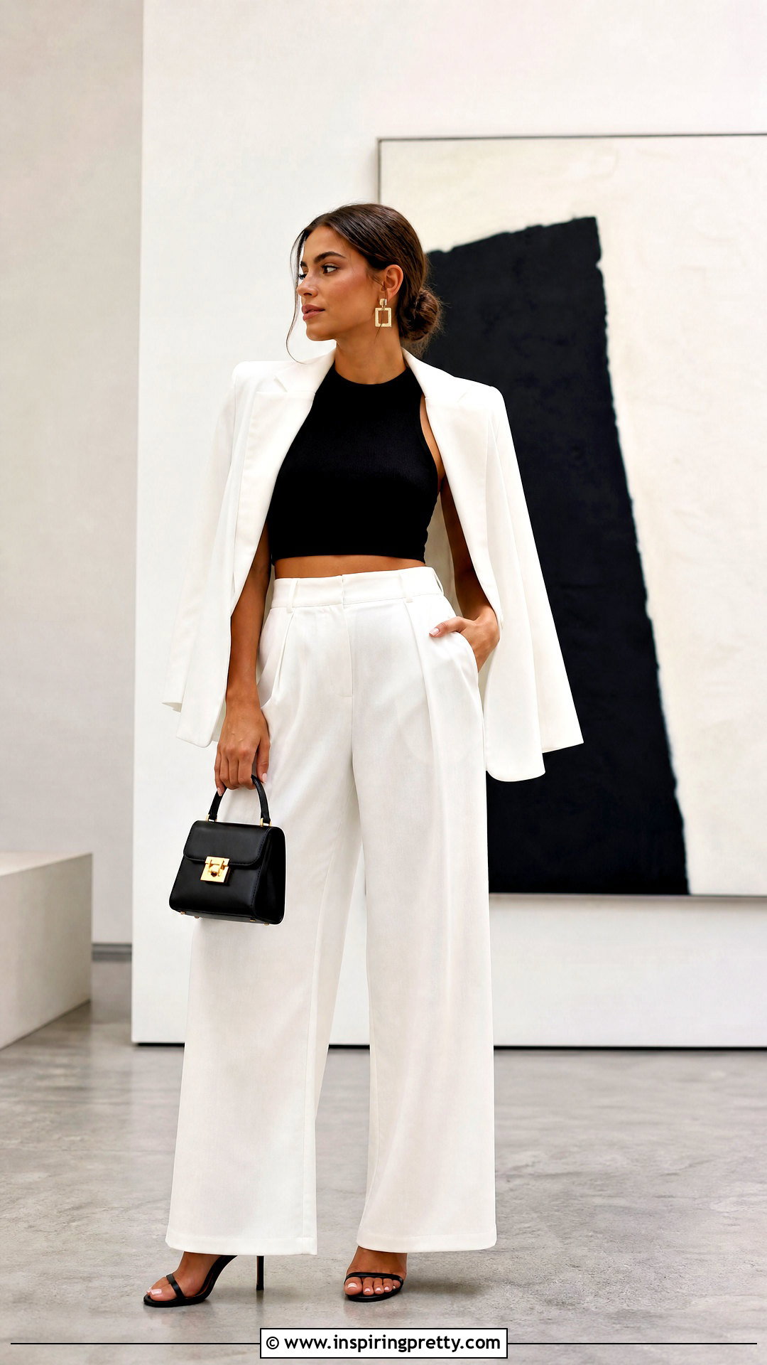 Black Crop Top With White Wide Leg Pants - 50 black crop top outfit ideas