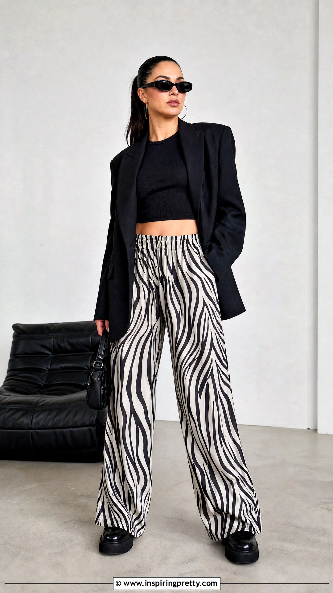 Black Crop Top With Zebra Print Pants - 50 black crop top outfit baddie ideas