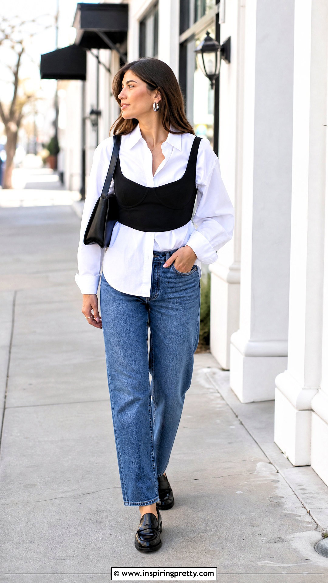 Black Cupless Top With White Shirt And Jeans - 25 Cupless Top outfit ideas