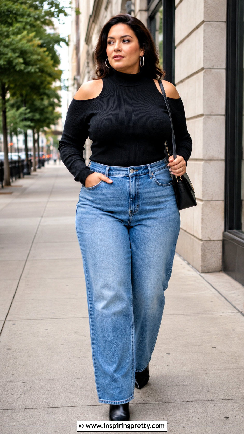 Black Cut Out Sweater Top With Wide Leg Jeans - 25 cut out sweater top outfit ideas