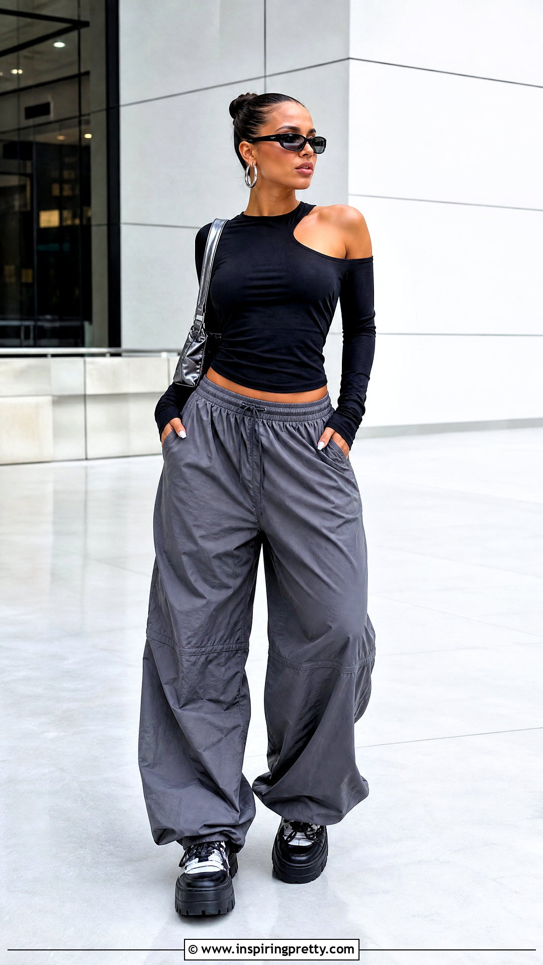 Black Cutout Top With Parachute Pants - 25 Dua Lipa Black Top outfit ideas