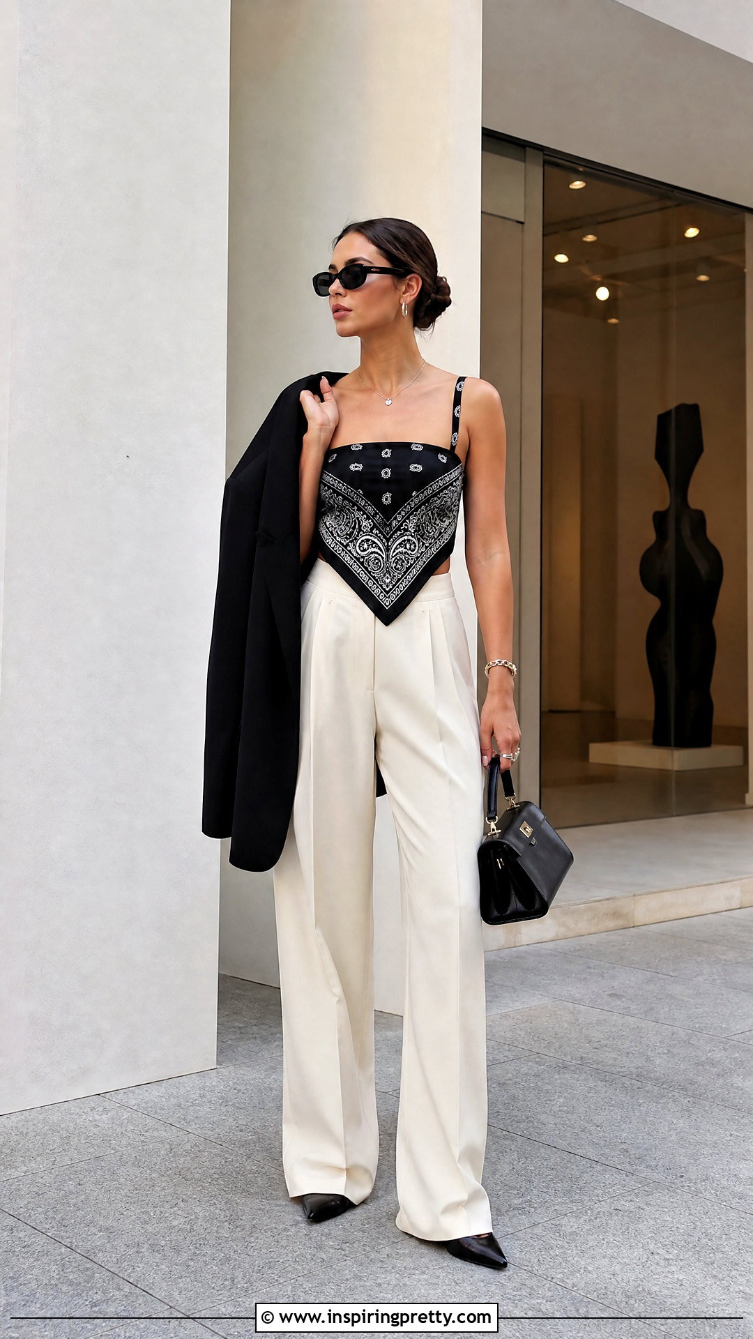 Black DIY Bandanna Top With Wide Leg Pants - 20 diy bandanna top outfit ideas