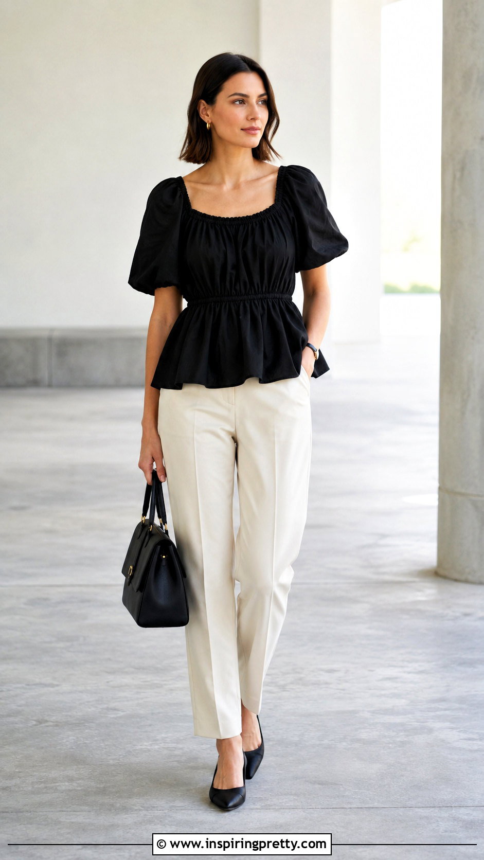 Black DIY Peasant Top With Tailored Trousers - 20 easy diy peasant top outfit ideas