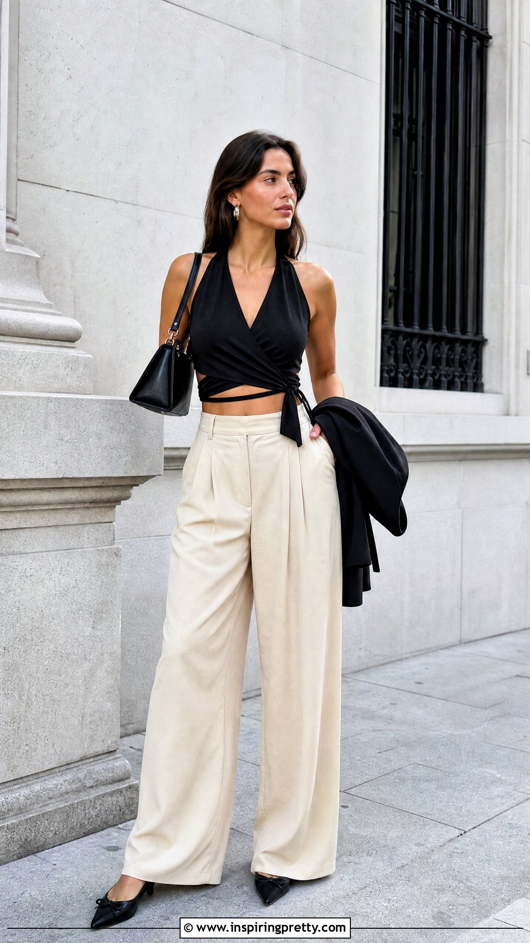 Black DIY Wrap Crop Top With Wide Leg Pants - 25 Diy Wrap Crop Top outfit ideas