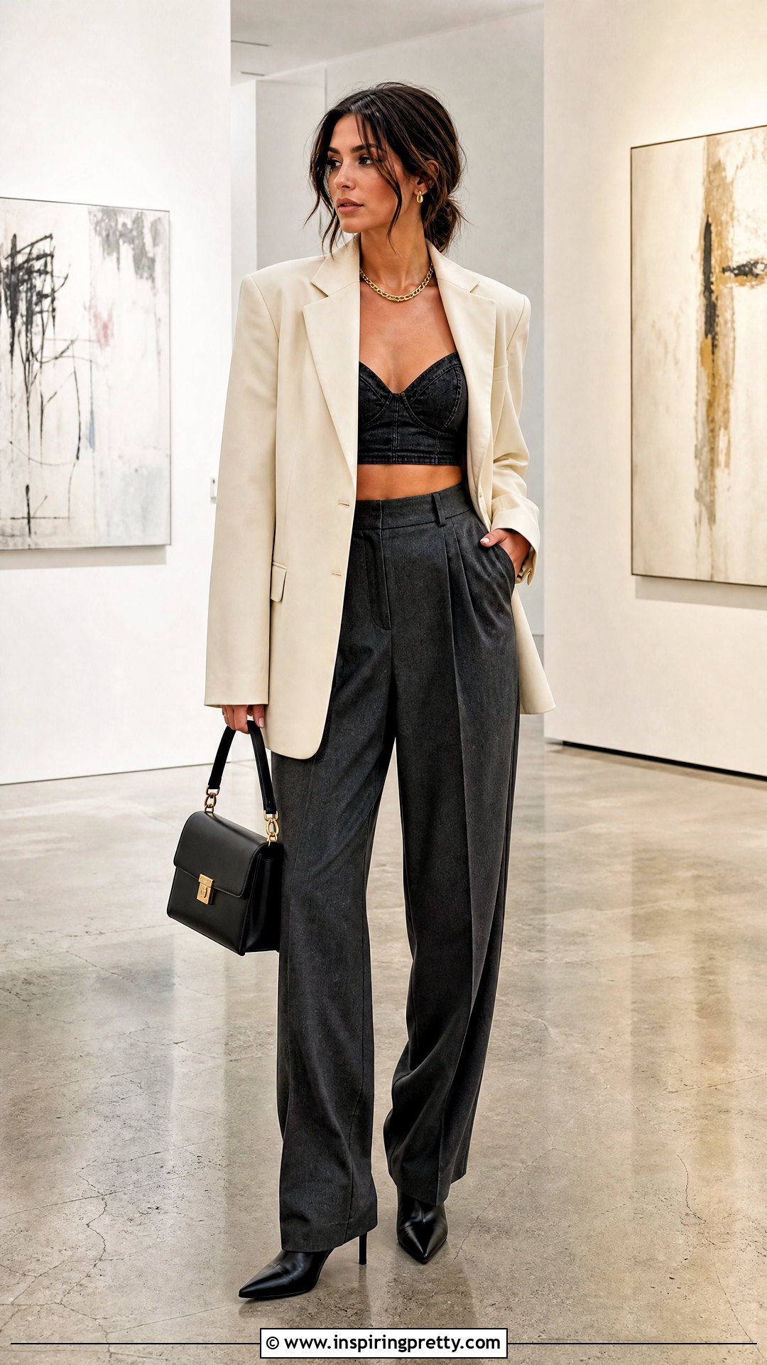 Black Denim Bralette Top With Oversized Blazer - 50 black denim top outfit ideas