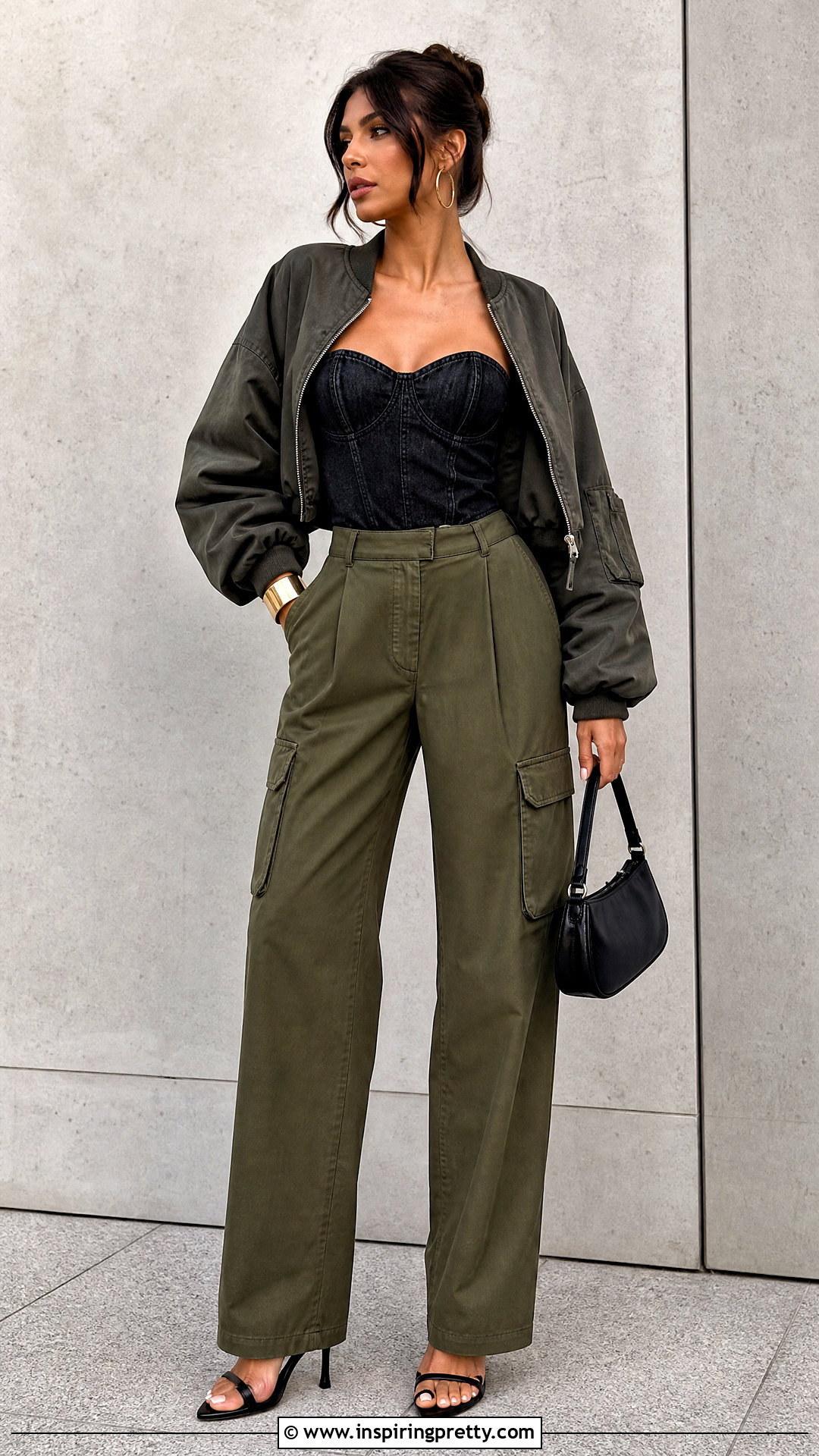 Black Denim Bustier Top With Cargo Trousers - 50 black going out tops outfit ideas