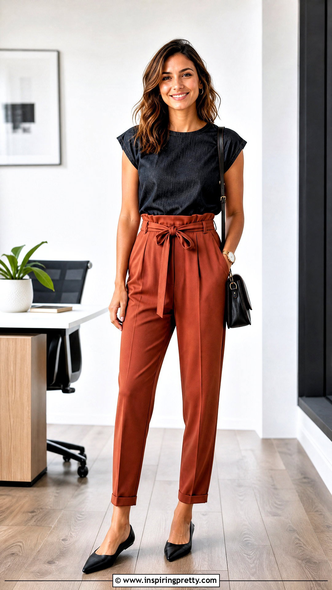 Black Denim Cap Sleeve Top With Paperbag Pants - 50 black denim top outfit ideas