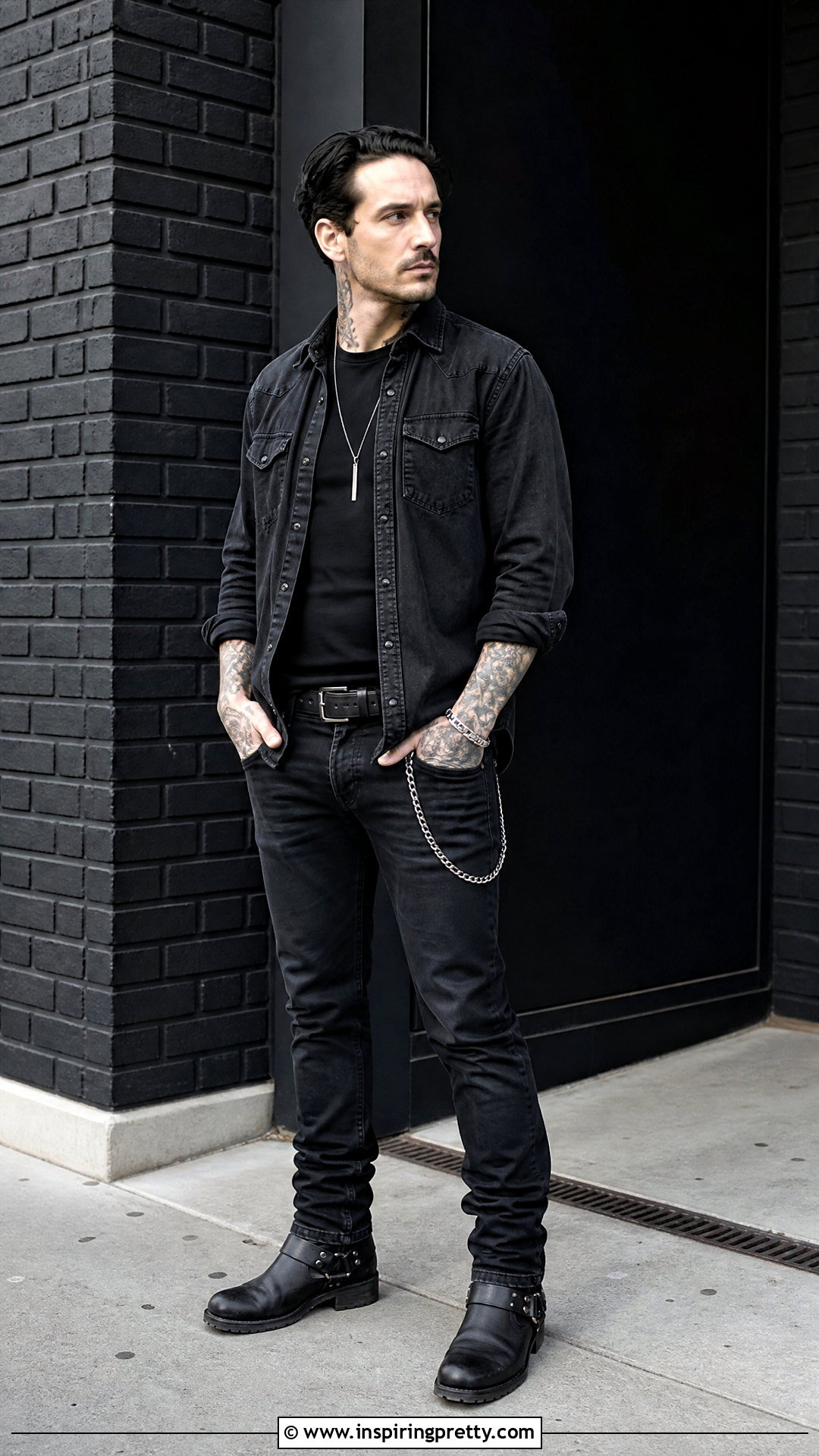 Black Denim Goth Shirt With Coated Jeans - 25 goth tops men