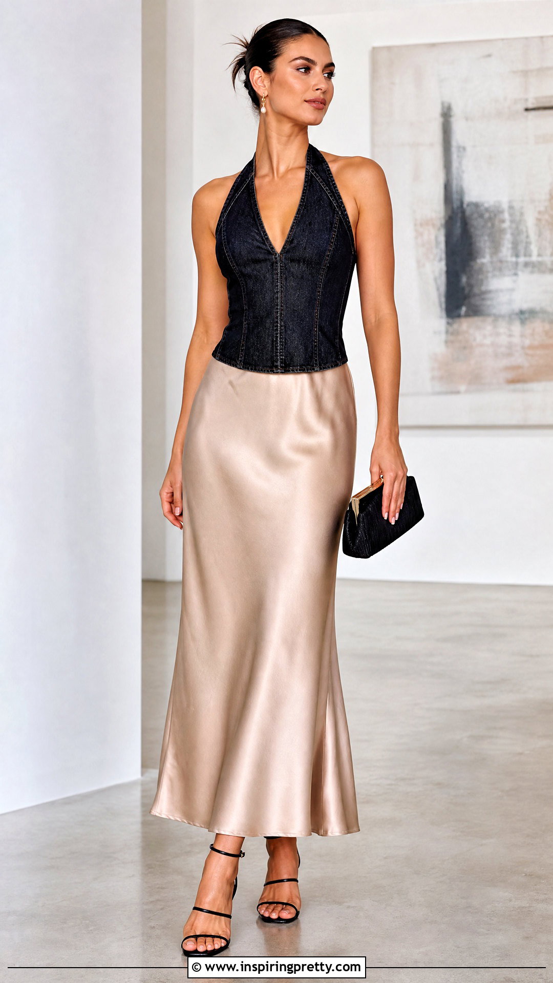 Black Denim Halter Top With Satin Midi Skirt - 50 black denim top outfit ideas