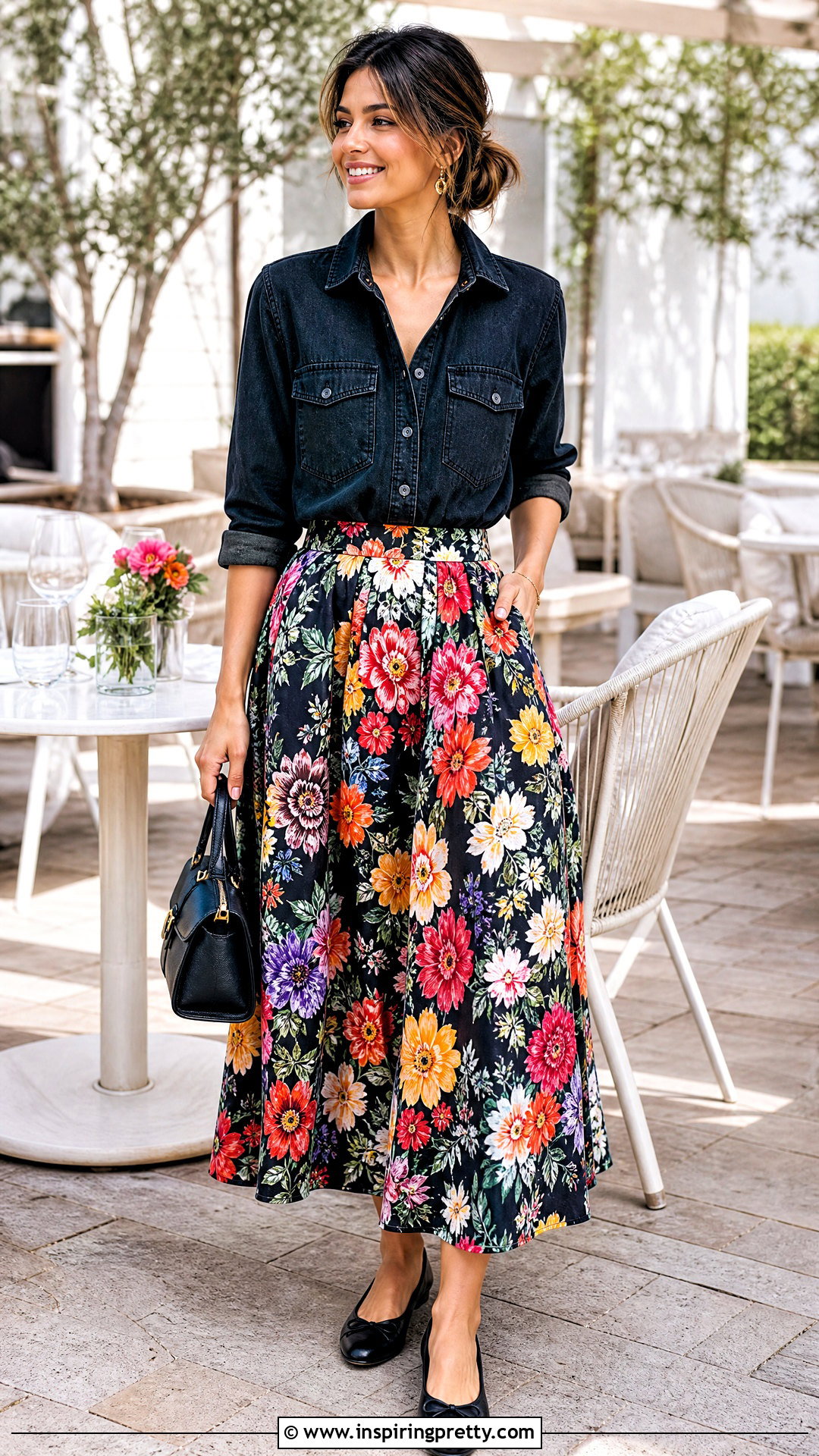Black Denim Shirt With Floral Midi Skirt - 50 black denim top outfit ideas