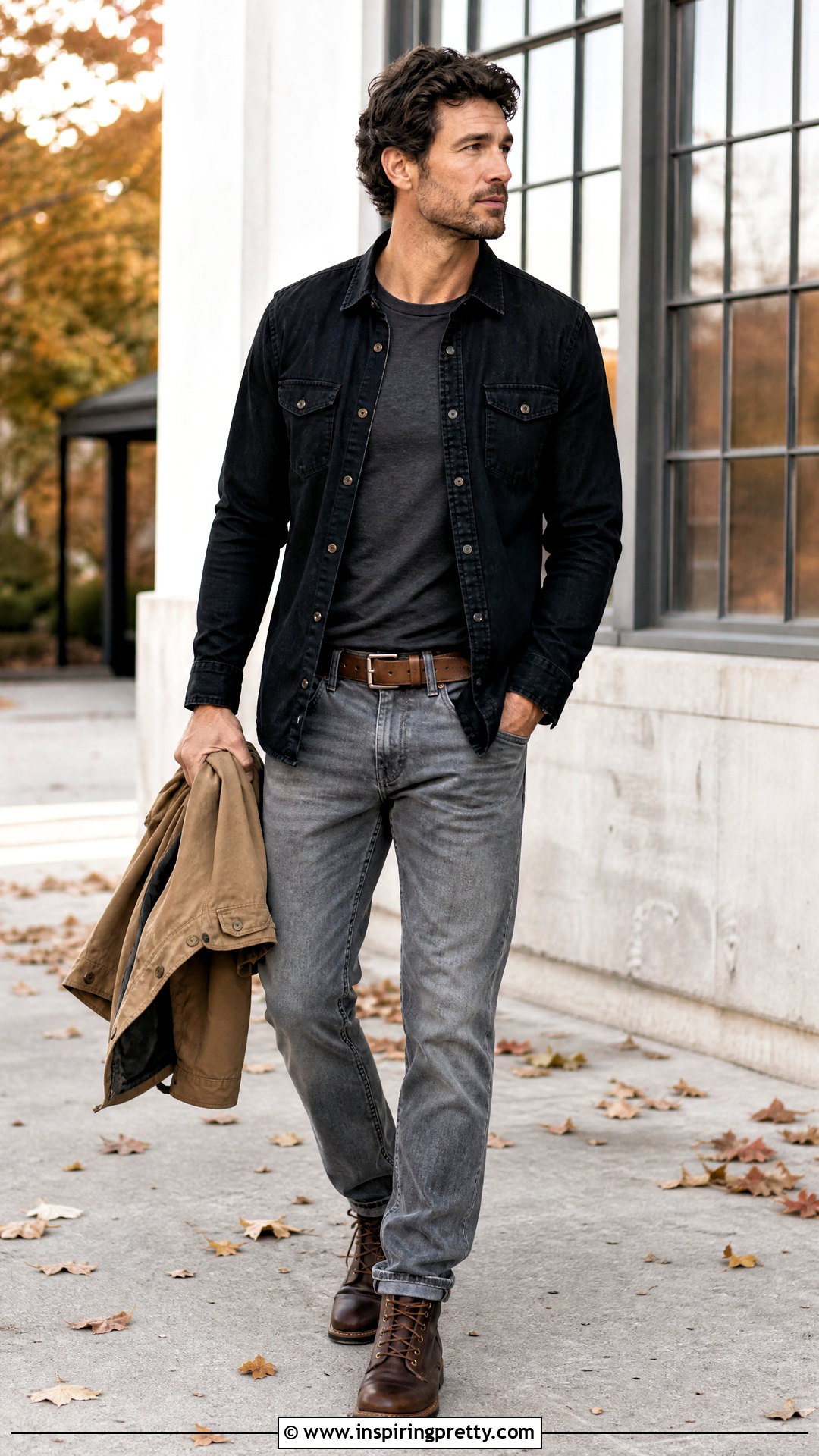 Black Denim Shirt With Gray Jeans And Work Boots - 25 Black Top With Jeans Men