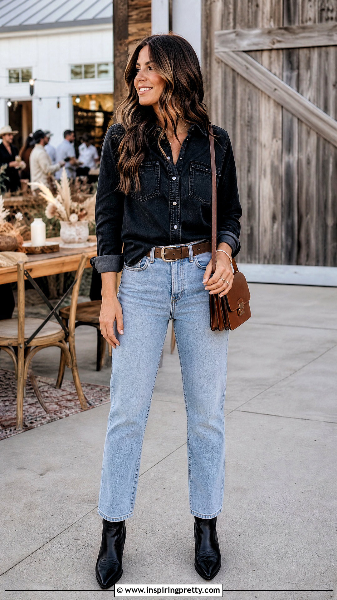 Black Denim Shirt With Light Blue Jeans And Western Boots - 50 black top and blue jeans outfit ideas