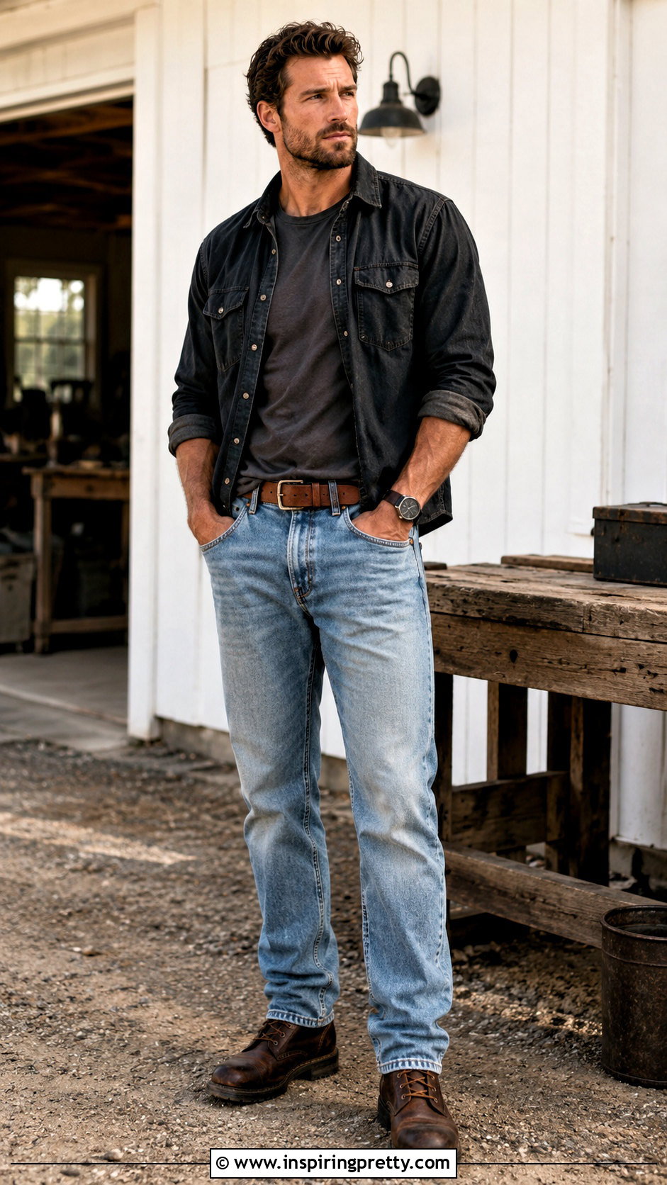 Black Denim Shirt With Light Blue Jeans And Work Boots - 20 Light Blue Jeans Black Top Men