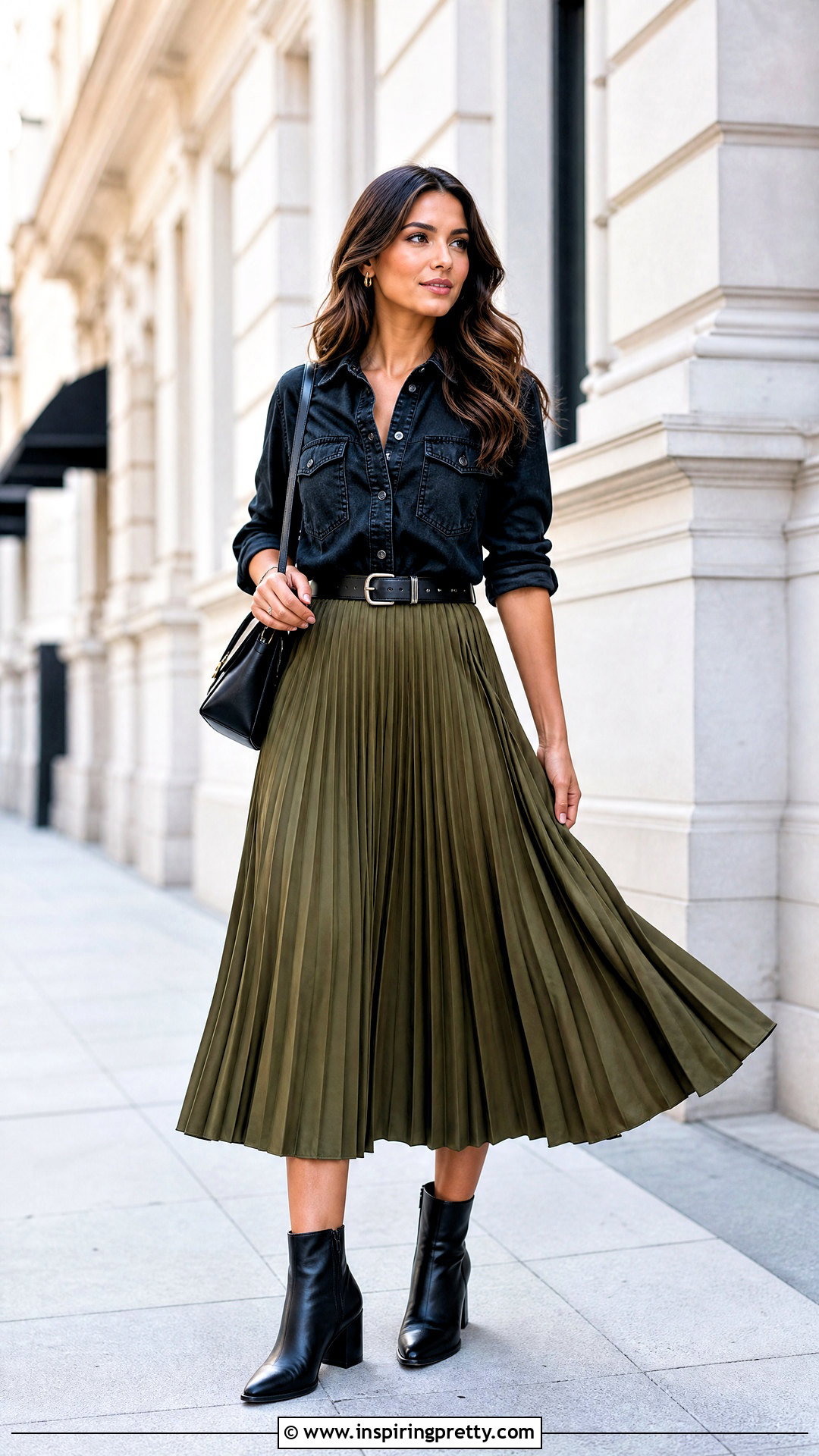 Black Denim Shirt With Pleated Midi Skirt - 50 black denim top outfit ideas
