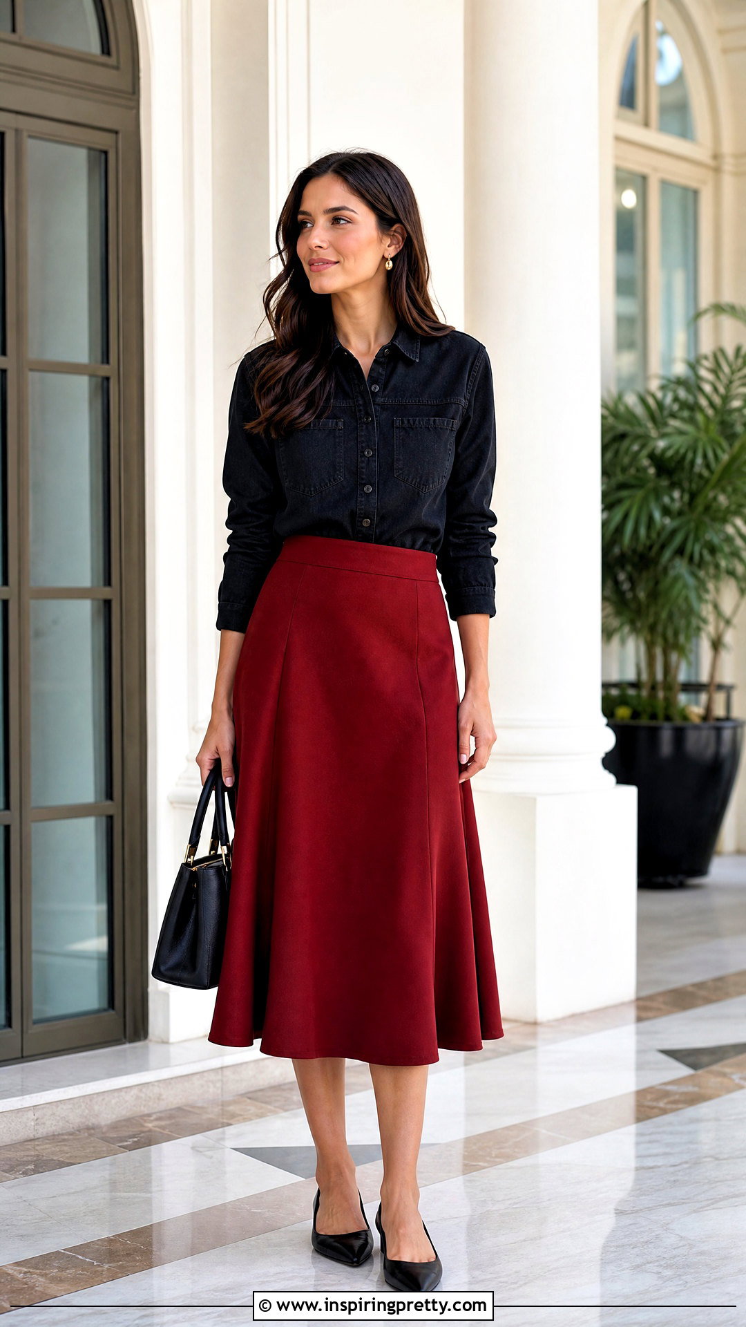 Black Denim Shirt With Red Midi Skirt - 50 black denim top outfit ideas