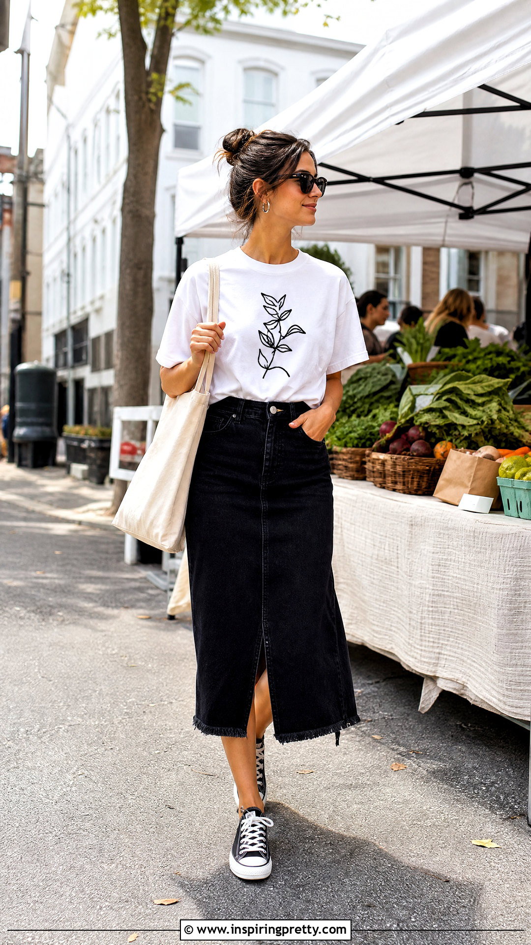 Black Denim Skirt And White Graphic T Shirt Outfit - 50 Black Skirt And White Top Outfit ideas