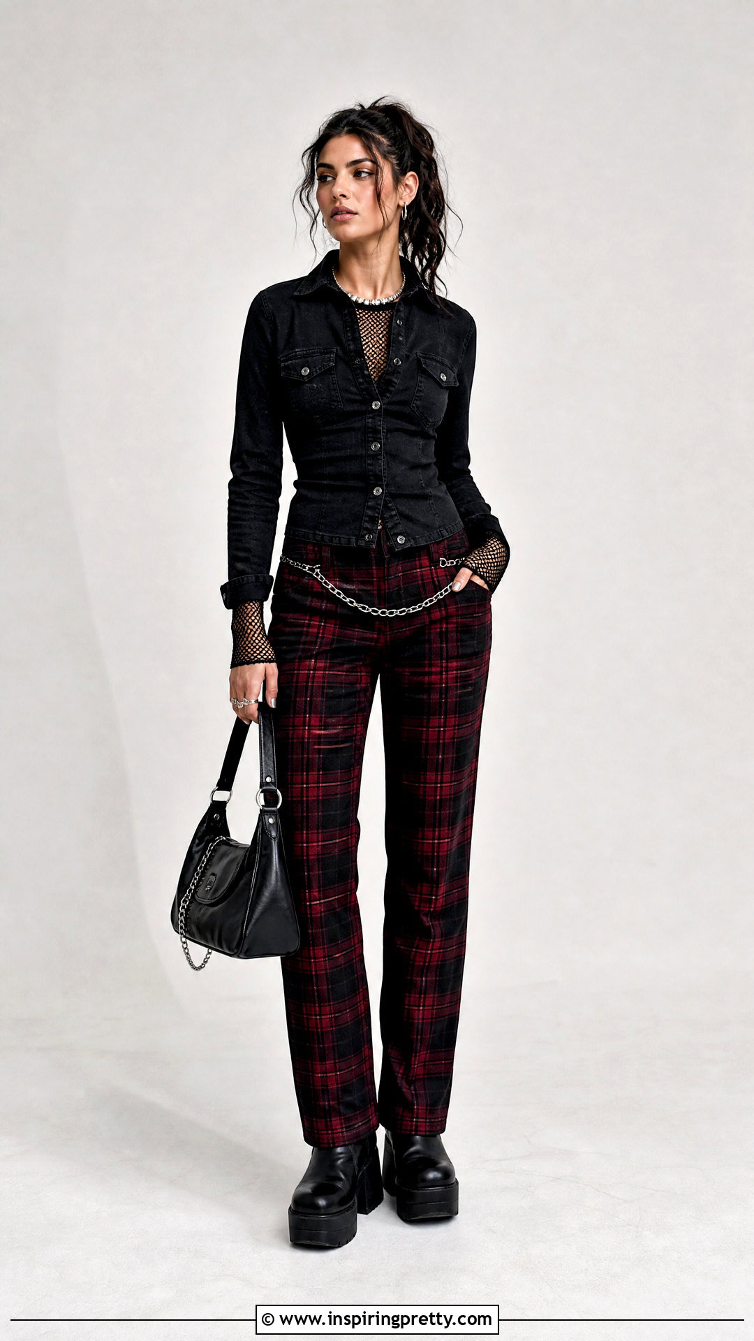 Black Denim Top And Plaid Pants Emo Outfit - 50 emo top outfit ideas