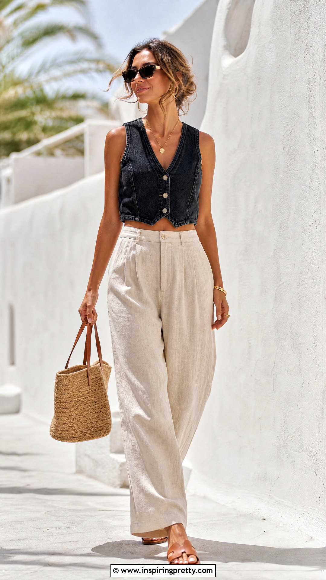 Black Denim Top With Beige Linen Pants - What To Wear With Black Denim Top (25 Ways)