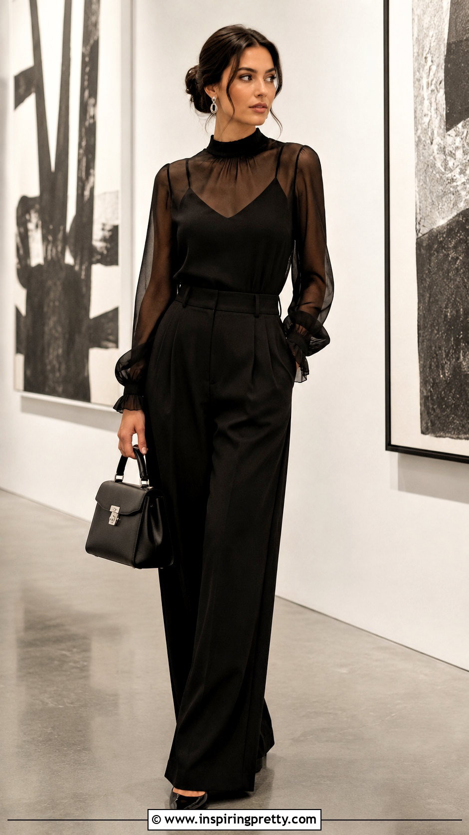 Black Designer Sheer Top With Wide Leg Trousers - 20 designer sheer top outfit ideas