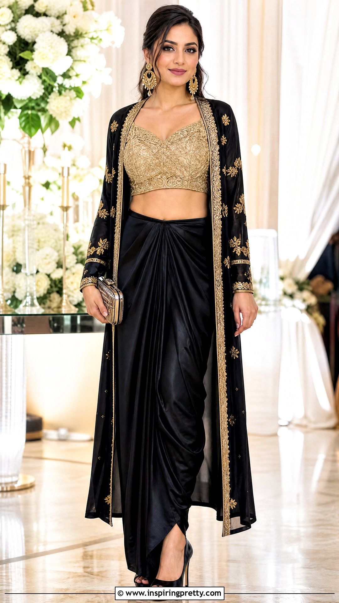 Black Dhoti Skirt With Gold Crop Top And Jacket - 25 dhoti skirt with crop top and jacket outfit ideas