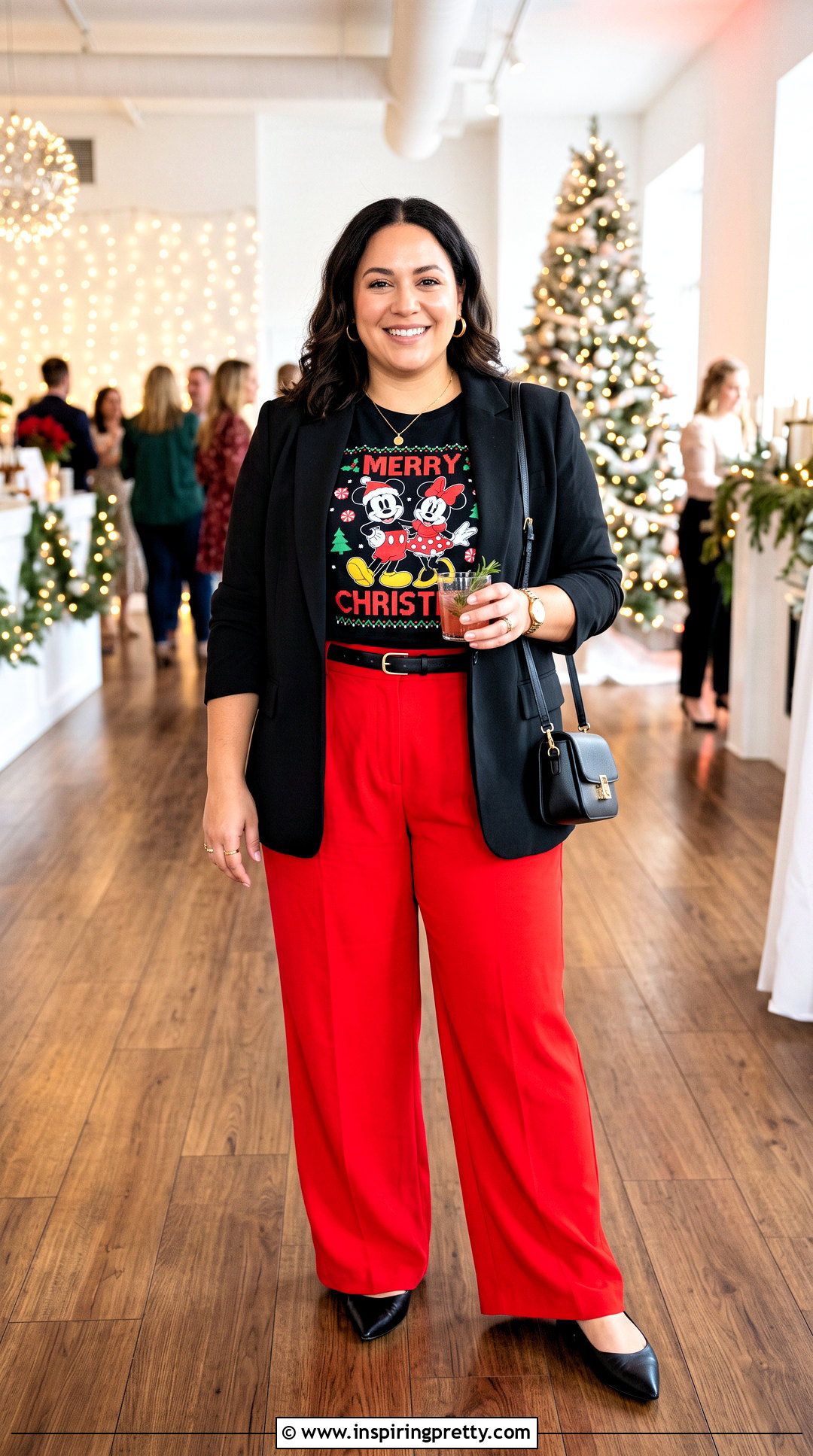 Black Disney Christmas Top With Red Wide Leg Pants - 20 Disney Christmas Tops outfit ideas