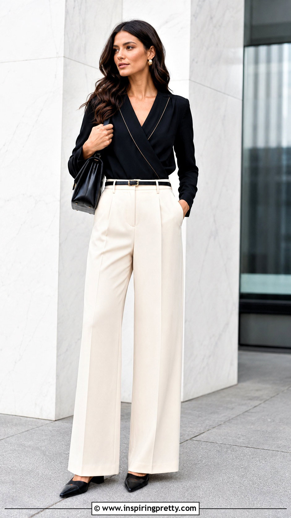 Black Double Lined Top With Wide Leg Trousers - 50 double lining top outfit ideas