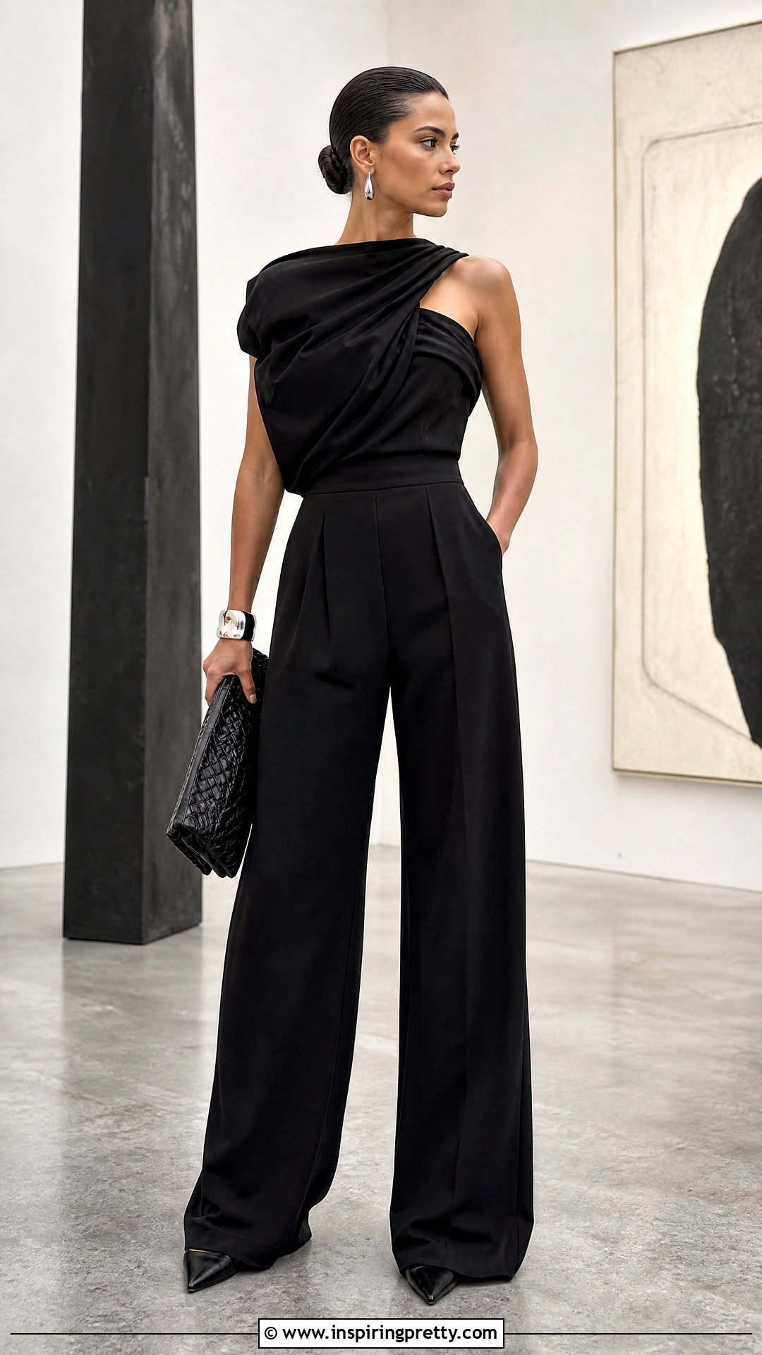 Black Draped Top With Black Trousers - 50 chic tops outfit ideas